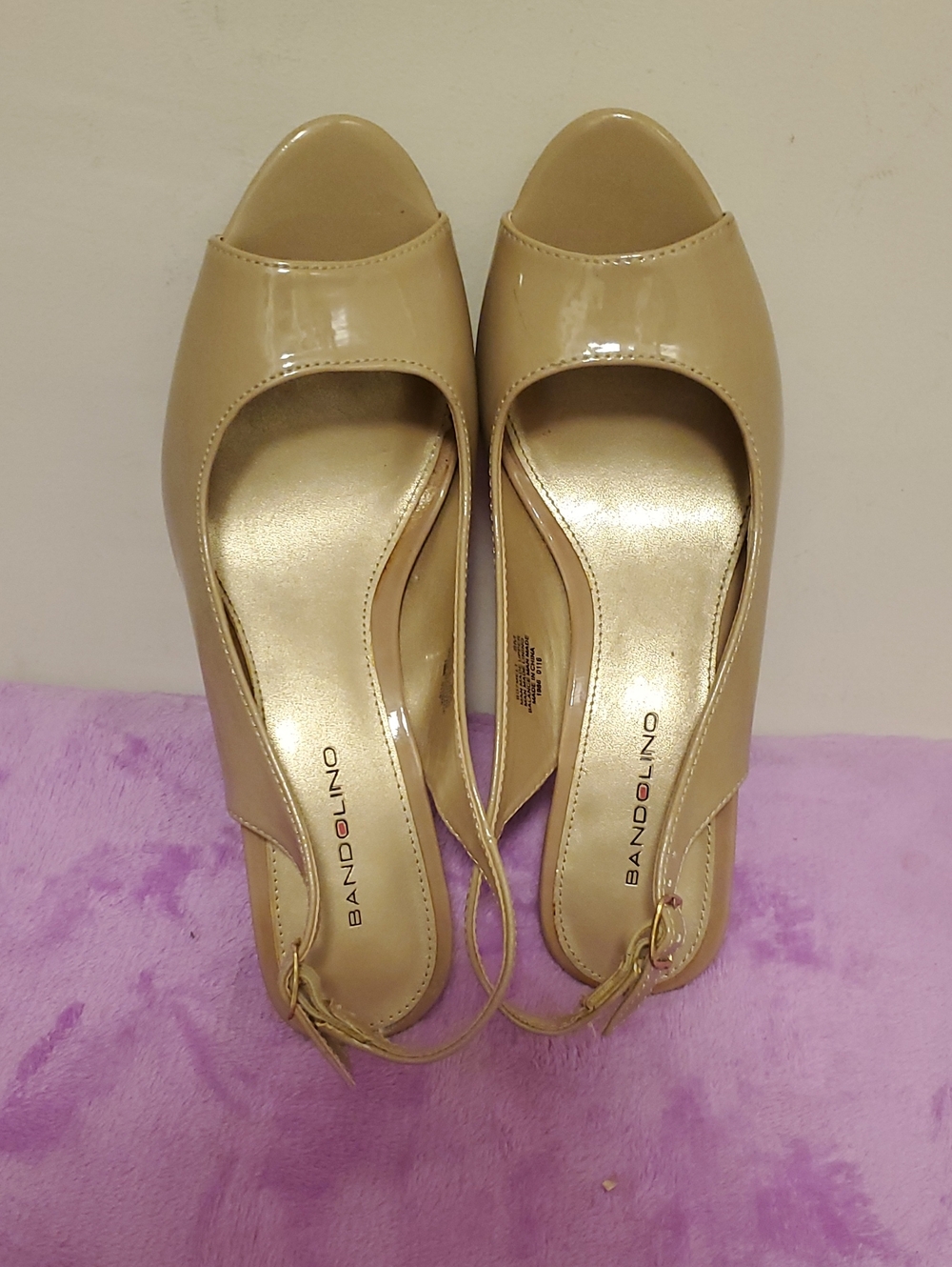 Bandolino Beige Patent Peep-Toe Slingback Heels